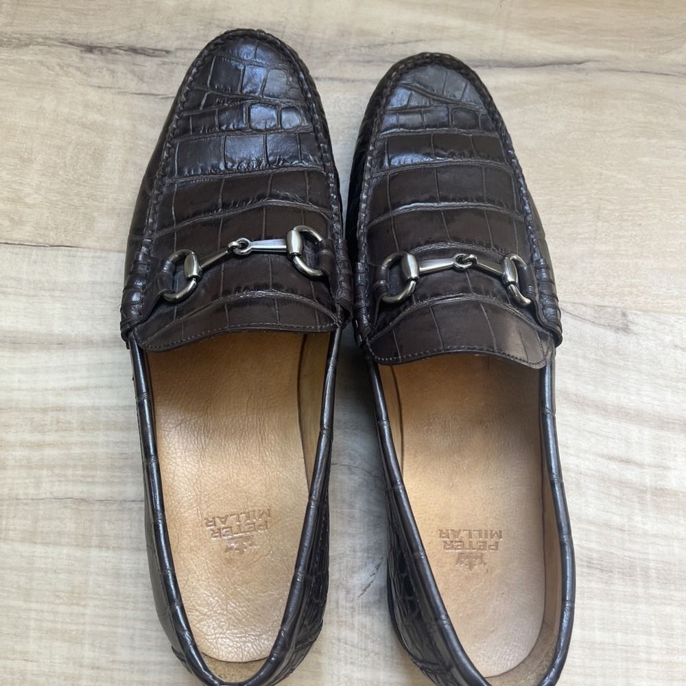 Peter Millar Dark Brown Crocodile Embossed Leather Loafer Men 9M Dress Shoes - Picture 12 of 16